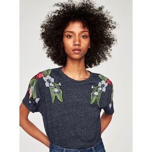 Zara Embroidered Floral‎ Shoulder Tee Women's Charcoal Gray Short Sleeve M L